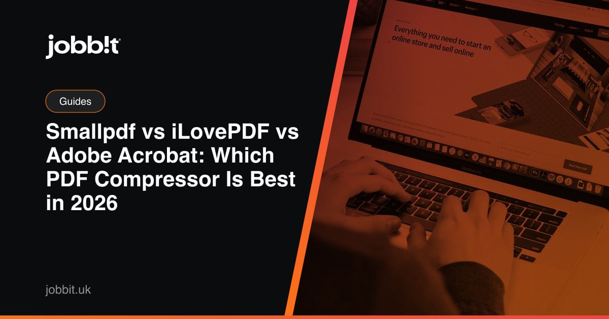 Obálka blogu Jobbit porovnávající Smallpdf, iLovePDF a Adobe Acrobat pro zmenšování PDF